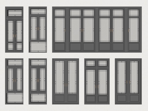 新中式门窗组合 断桥铝合金门窗 铝合金平开门 落地门窗 格条su模型