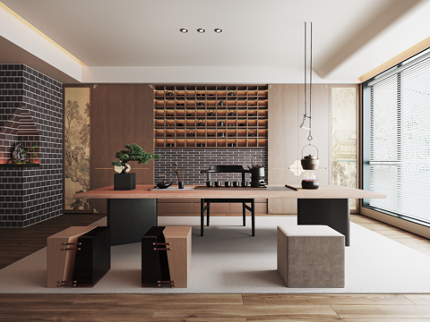 宋式茶室 会客室 茶柜背景墙 茶桌椅su模型