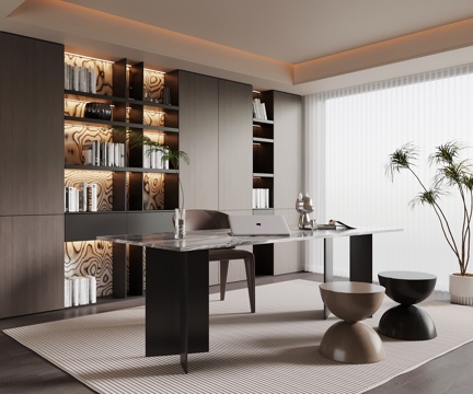 现代意式书房 书柜 书桌椅su模型