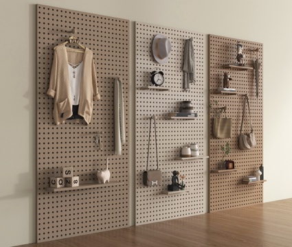 现代洞洞板 服饰鞋帽 墙饰板 挂件 置物架 衣架su模型