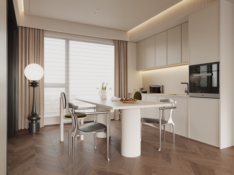  法式奶油风餐厅 酒柜 餐边柜 餐桌椅3d模型 