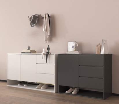 现代鞋柜 玄关柜 木材 矮柜 挂钩 摆件su模型