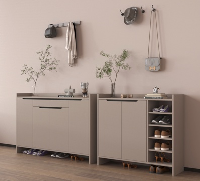 现代鞋柜 玄关柜 木材 矮柜 挂钩 摆件su模型