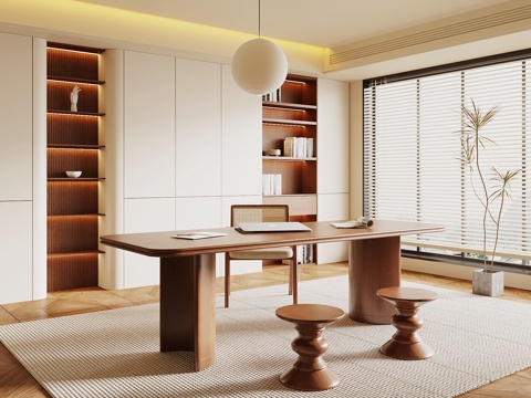 中古风书房 书柜 书桌椅su模型