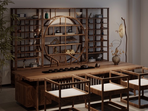 新中式茶室茶桌椅博古架su模型