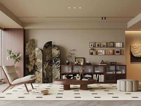 中古风客厅 背景墙 书柜 沙发茶几组合su模型