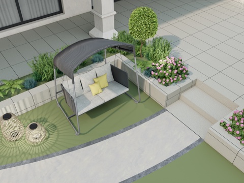 现代庭院 户外 吊椅 秋千 三人藤编金属吊椅su模型