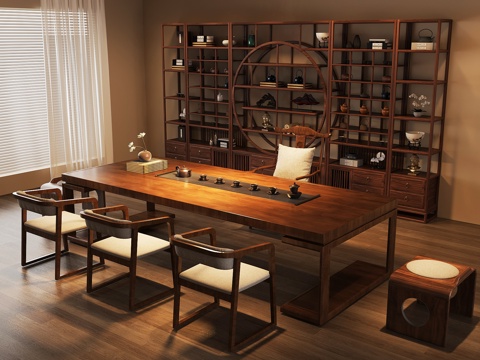 新中式茶室 茶桌椅 博古架su模型