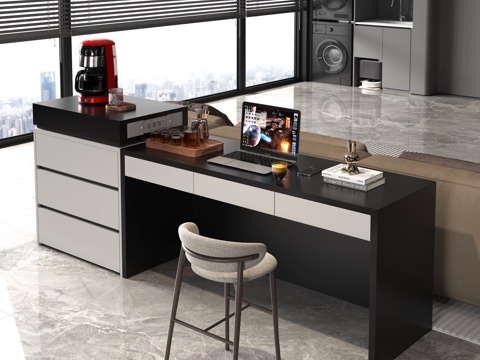 现代吧台书桌组合 极简岛台柜组合 笔记本电脑茶具 咖啡书本摆su模型