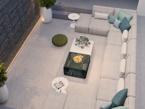 现代天井 下沉空间 多人沙发 转角沙发 模块沙发 抱枕 茶几su模型