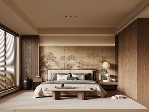 新中式卧室 宋式卧室 双人床 床头柜 衣柜su模型