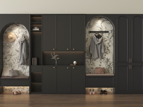 法式复古鞋柜 入户鞋柜 换鞋凳 玄关柜 高柜su模型