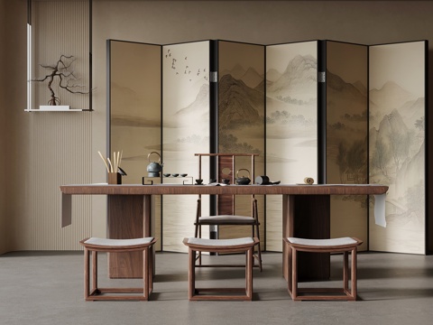 新中式茶室 茶桌椅 屏风su模型