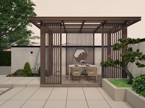 现代庭院花园 铝合金休闲亭 餐桌椅 造型松 迎客松su模型