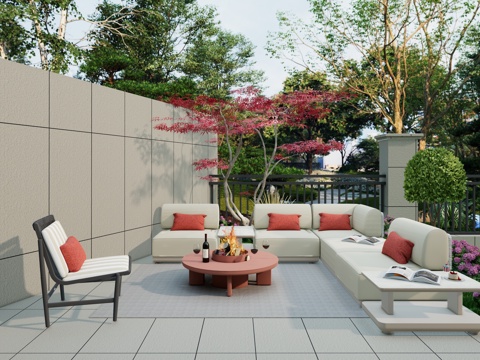 现代户外家具 庭院户外沙发 多人沙发 转角沙发 圆形火炉 单su模型