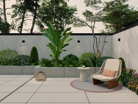 现代庭院花园 户外休闲椅 植物种植图 户外落地氛围灯su模型