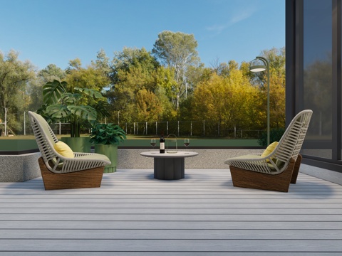 现代阳台 露台空间 休闲椅 日式木屐椅 圆形茶几 落地灯su模型