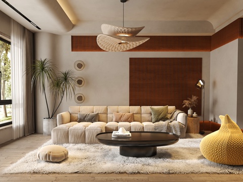 中古侘寂风客厅 沙发茶几组合 绿植 饰品摆件 台灯  背景墙su模型