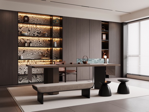 现代意式茶室 茶桌椅 茶柜 置物柜su模型