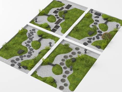 新中式汀步 景观园路 景观铺装 石板路 微地形su模型