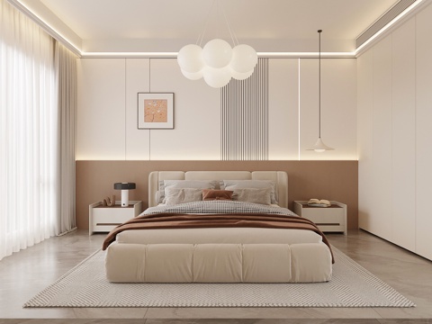 现代卧室 双人床su模型