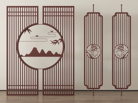 新中式隔断屏风 木屏风隔断 格栅 花格su模型