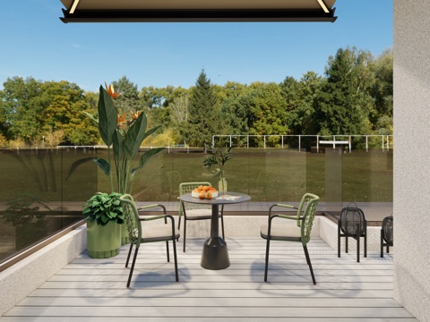 现代阳台 露台 餐桌椅 圆形餐桌椅 落地氛围灯 曲臂门窗伸缩su模型