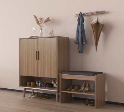 新中式鞋柜 玄关柜 木材 矮柜 换鞋凳su模型