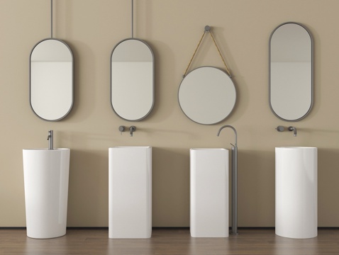 现代洗手台 洗手盆 柱盆 镜子 水龙头su模型