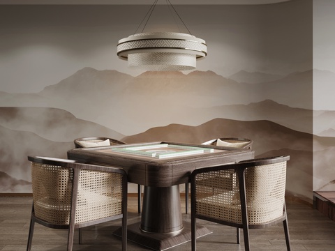 新中式棋牌室 麻将室 麻将桌su模型