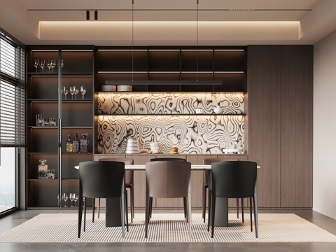 现代意式餐厅 酒柜 餐桌椅su模型