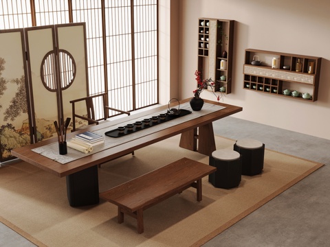 新中式茶室 茶桌椅 茶柜 茶具su模型