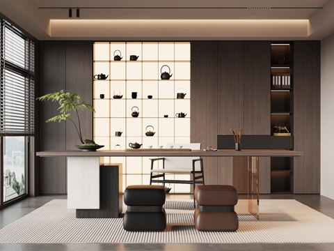 现代意式茶室 茶桌椅 茶柜su模型