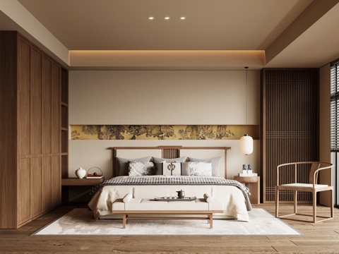 新中式卧室 宋式风卧室 主卧 双人床组合su模型