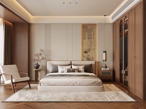 新中式卧室 宋式风卧室 双人床 衣柜su模型