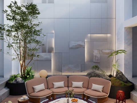 现代庭院天井 下沉空间 石材背景墙 禅意枯山水 休闲弧形模块su模型