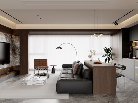 现代意式客餐厅  沙发背景墙 电视背景墙 餐边柜 沙发组合su模型