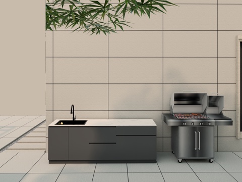 现代户外操作台 水吧台 移动烧烤箱su模型