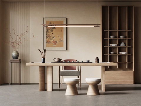 新中式茶室 茶桌椅组合 茶台 茶柜su模型