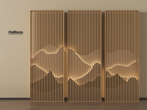 新中式山水隔断 格栅屏风su模型