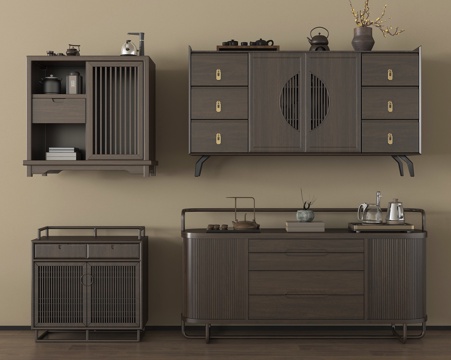 新中式餐边柜 茶水柜 储物柜 端景柜 矮柜 装饰柜su模型