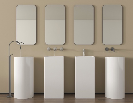 现代洗手台 洗手盆 柱盆 镜子 水龙头su模型