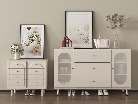 法式奶油风鞋柜 玄关柜 边柜 储物柜 矮柜su模型