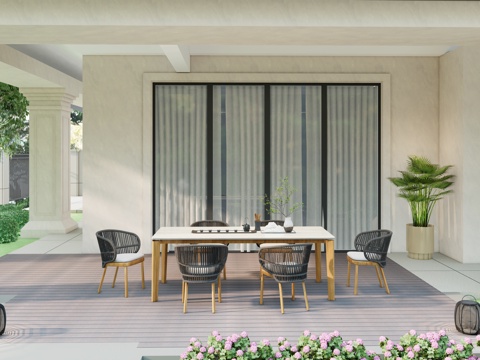 现代庭院 户外餐桌椅 岩板大理石桌椅 一桌六椅su模型