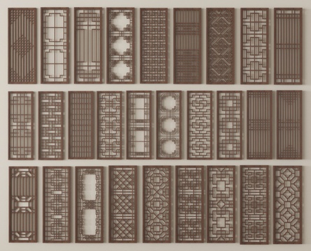 中式屏风隔断 镂空窗格 镂花窗 木雕花窗su模型