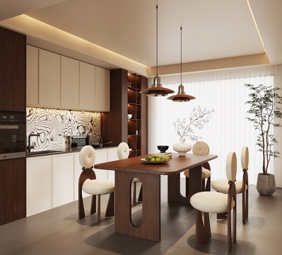 现代中古风餐厅 酒柜 餐桌椅su模型