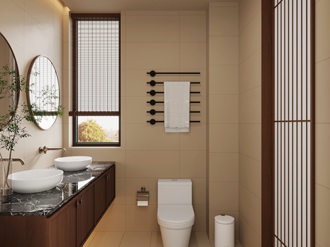 中古风卫生间 浴室柜 马桶su模型