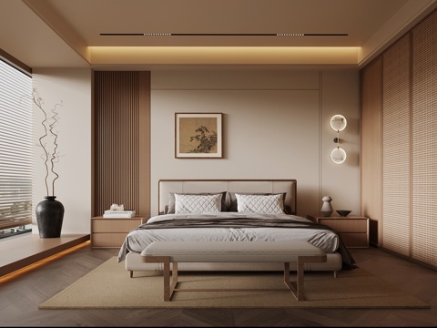 新中式卧室 宋氏风家居卧室 双人床 衣柜su模型