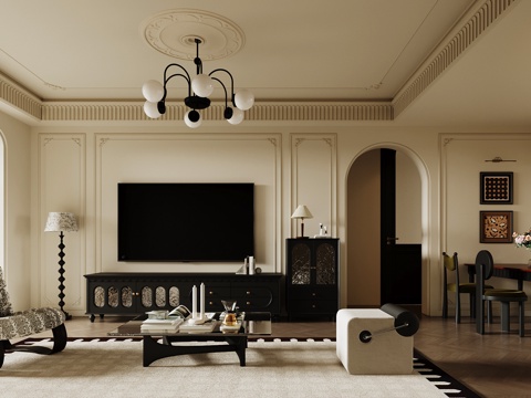  法式客餐厅 客厅 餐桌椅 电视柜 中古风客餐厅3d模型 