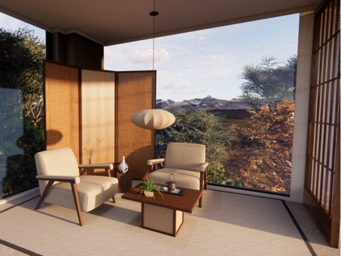 宋式美学，新中式洽谈区，竹编屏风su模型